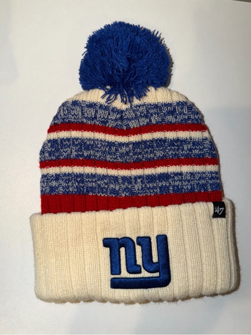 47 New York Giants Cream, Blue & Red Pom Knit Beanie